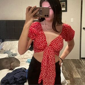 red and whites tie shirt kinda like a once size fits all